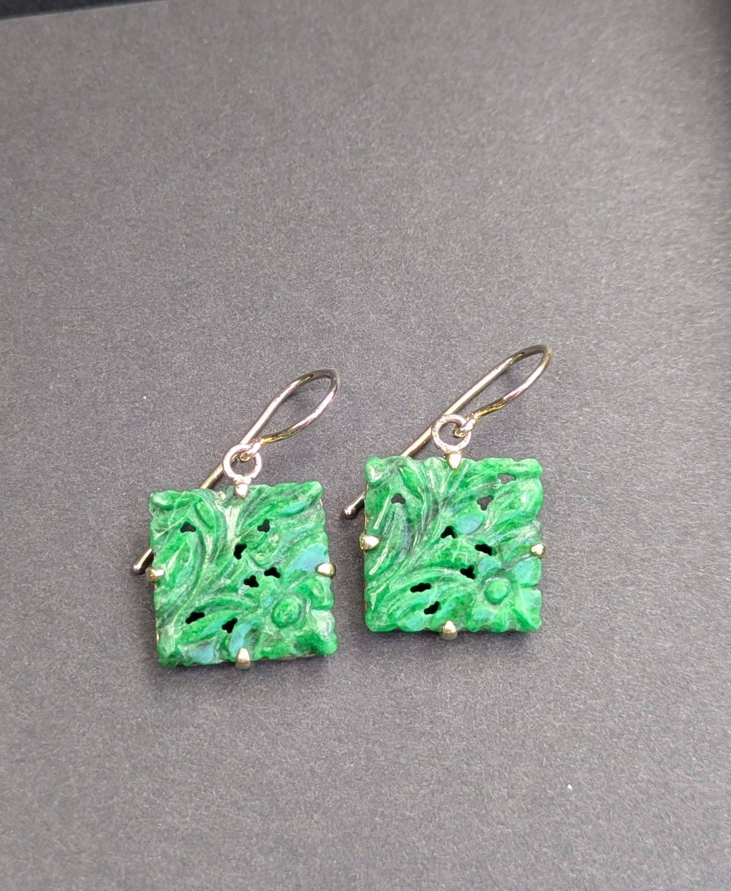 Carved Green Jade Set in 14kt as Earings