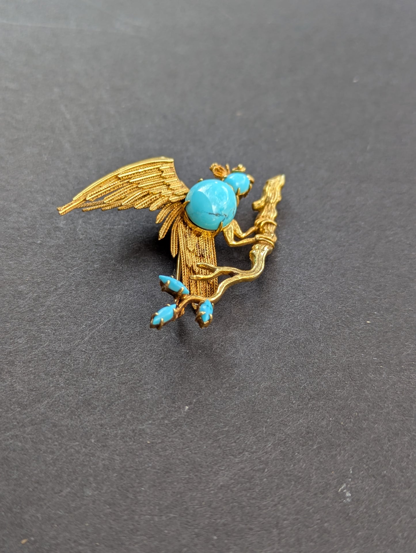 14k Turquoise Bird on a Branch Brooch