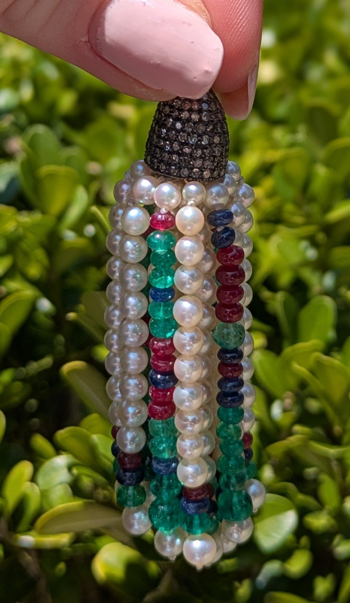 Pearl & Diamond Tassel with Emerald, Ruby, & Sapphire