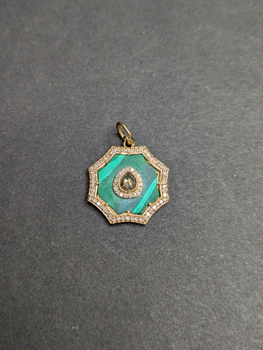 14Kt Malachite Pendant with Diamond Halo and Rose Cut Diamond Center