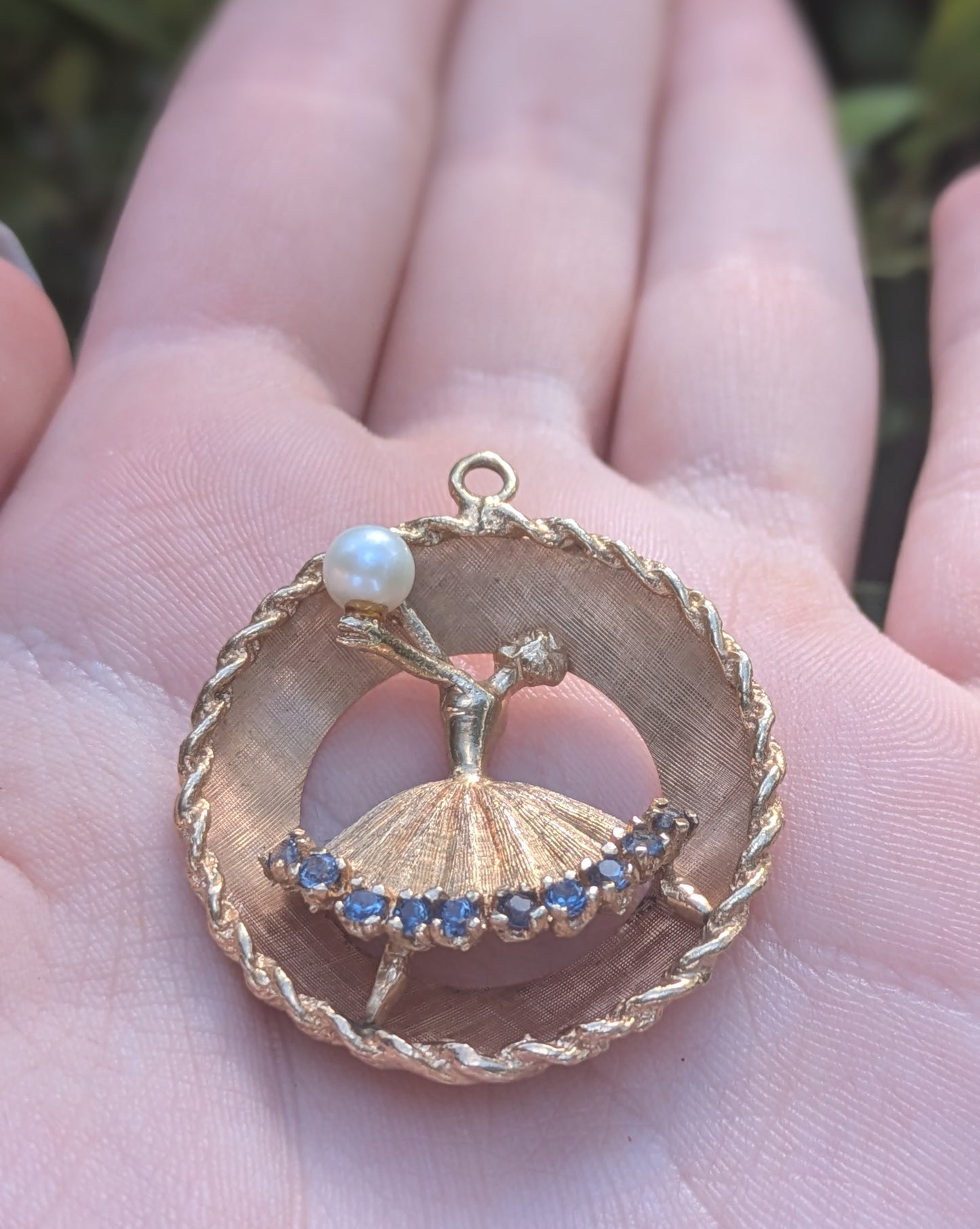 1960's 14kt Ballarina with Sapphire & Pearl Disk Pendant