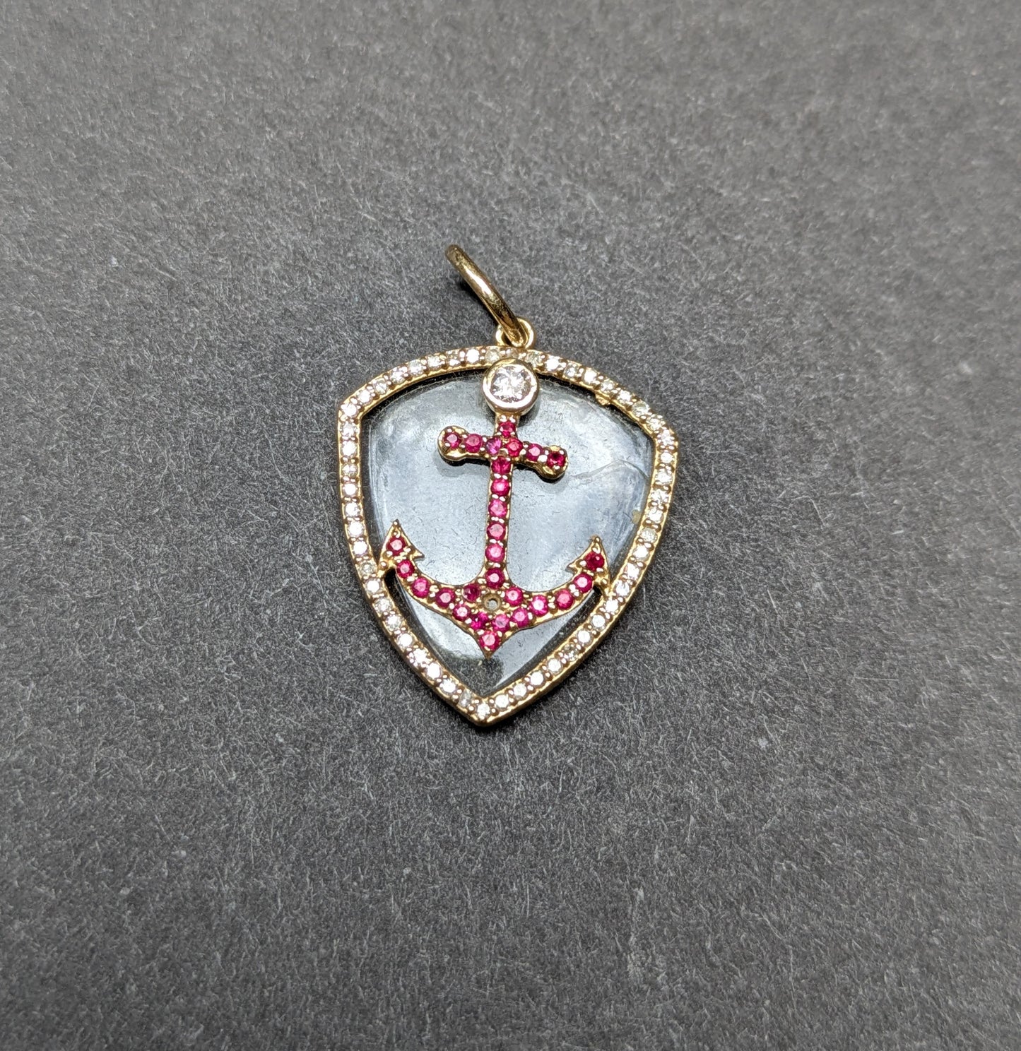 14k Rock Crystal, Ruby, and Diamond Anchor Pendant