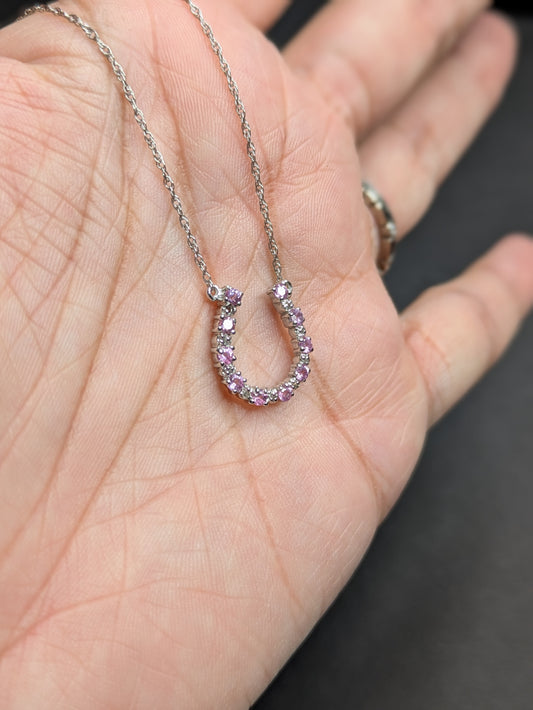 14k White Gold Pink Sapphire and Diamond Horseshoe Necklace