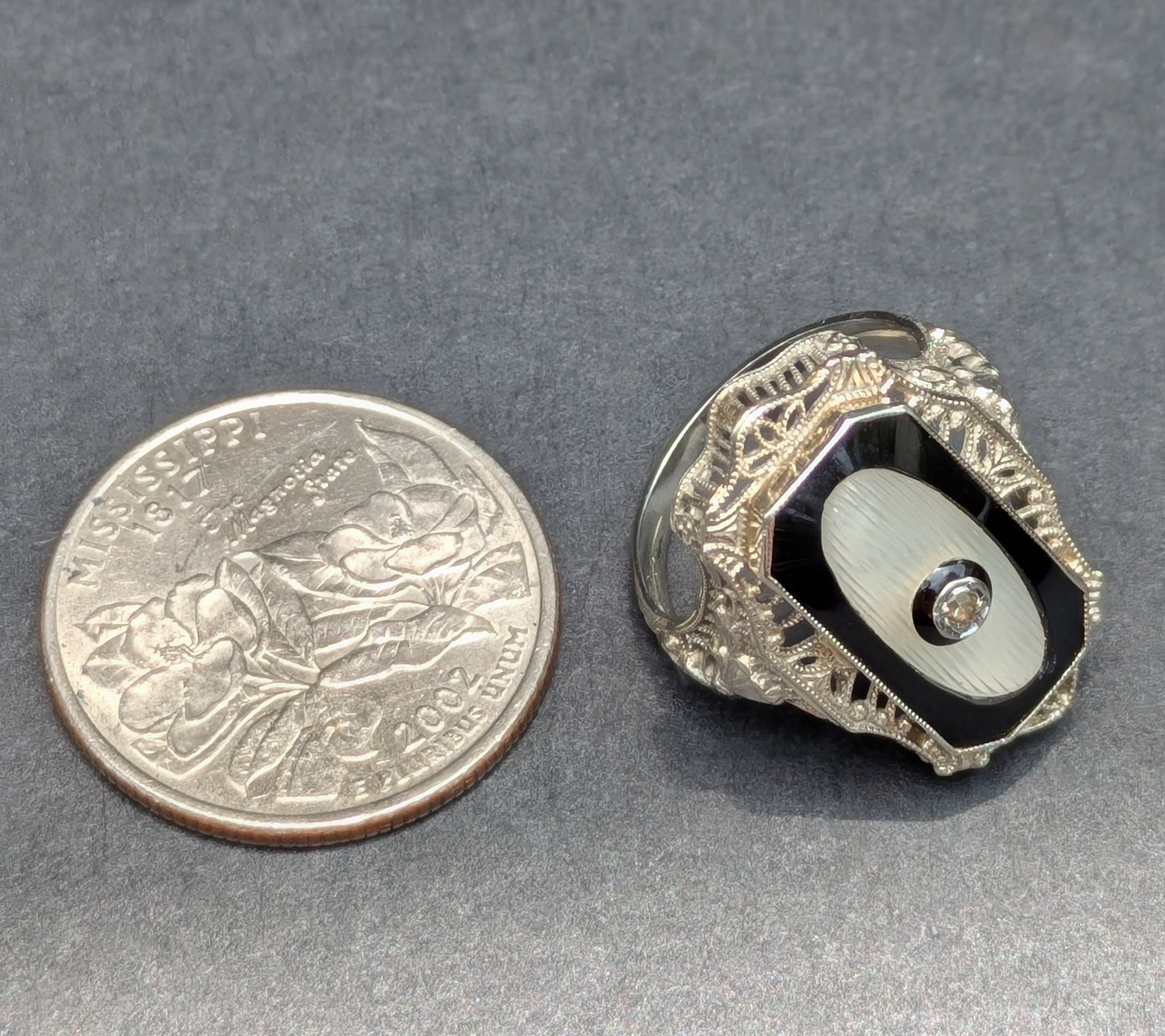 14kt White Gold Filigree Ring Set with Onyx Rock Crystal & Diamond