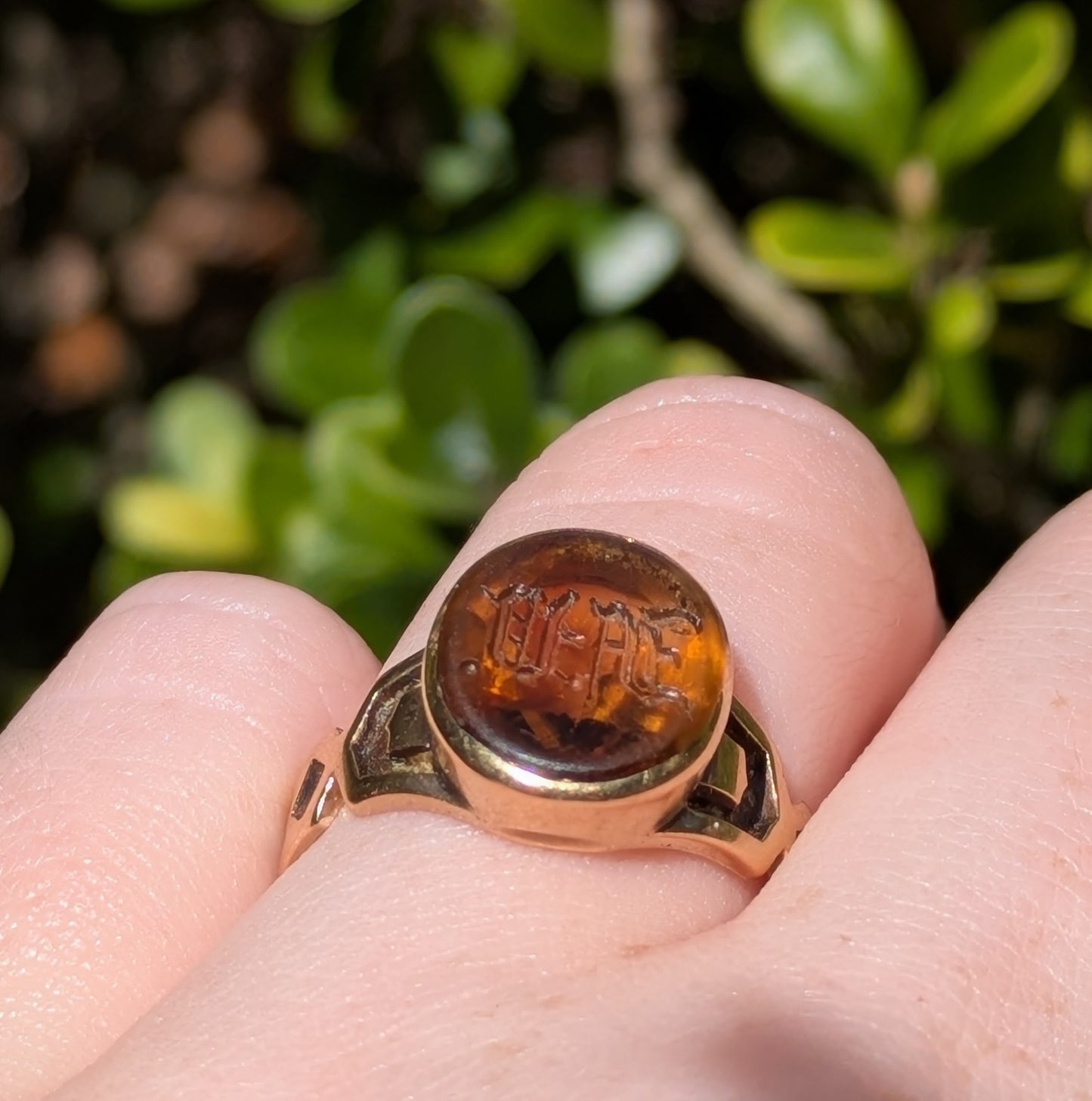 Arts & Crafts 12kt Signet Ring Set with Worn Engraved Citrine "H" "D"