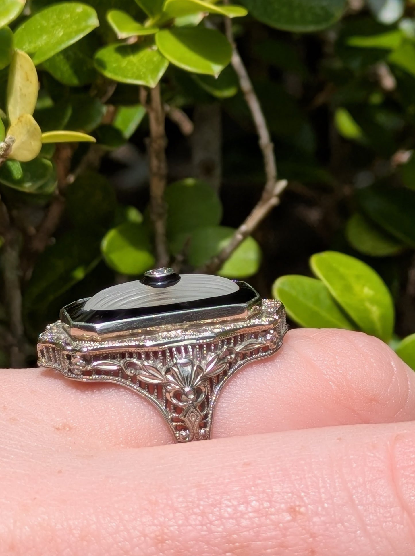 14kt White Gold Filigree Ring Set with Onyx Rock Crystal & Diamond