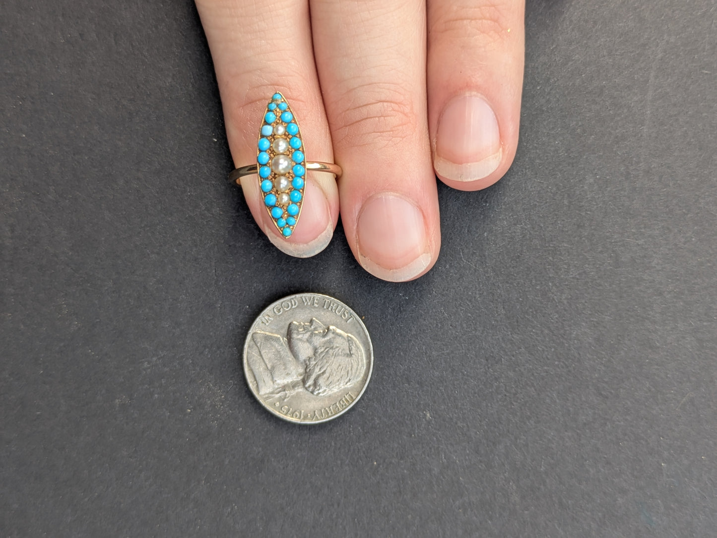 14k Navette Turquoise and Pearl Ring