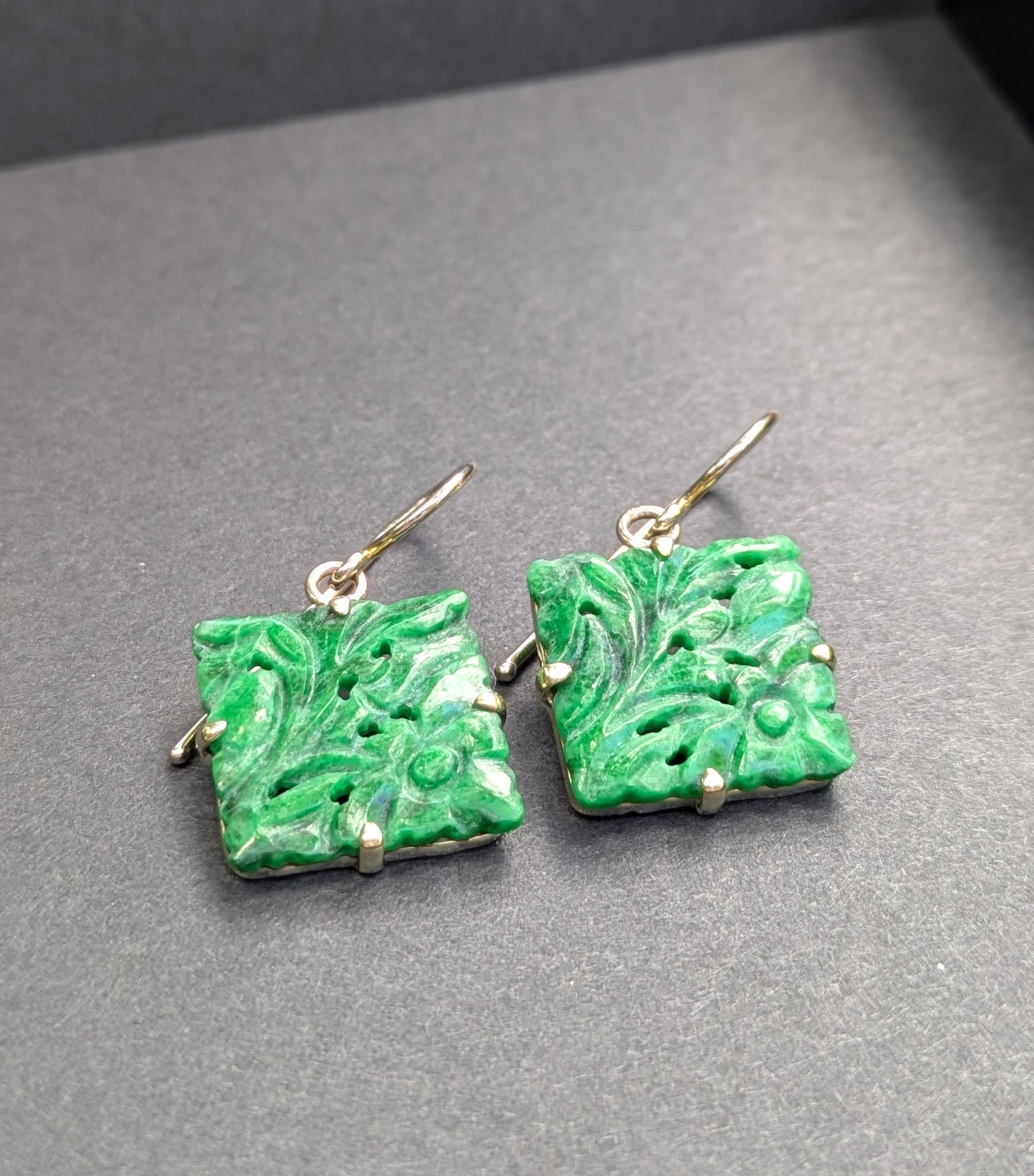 Carved Green Jade Set in 14kt as Earings