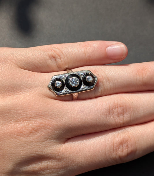 14kt White Gold Art Deco Bridge Ring with Onyx and OEC Diamonds