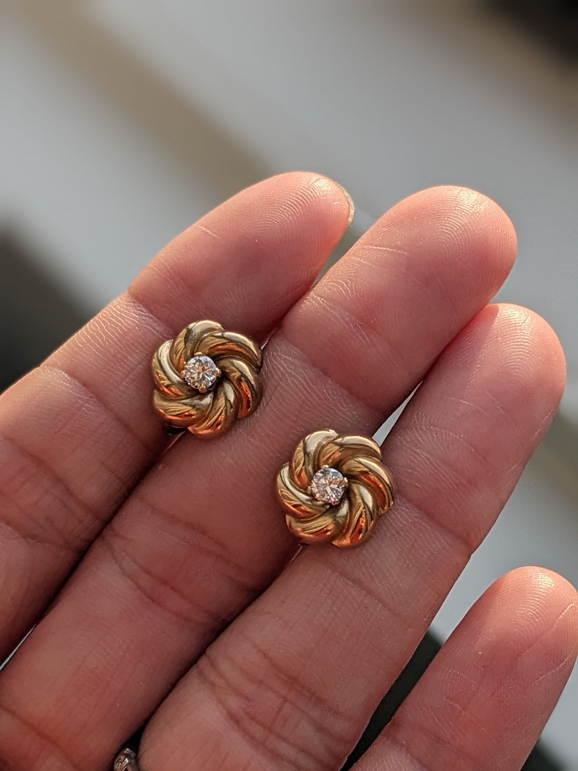 14k love knot earrings with diamond centers - Main Image