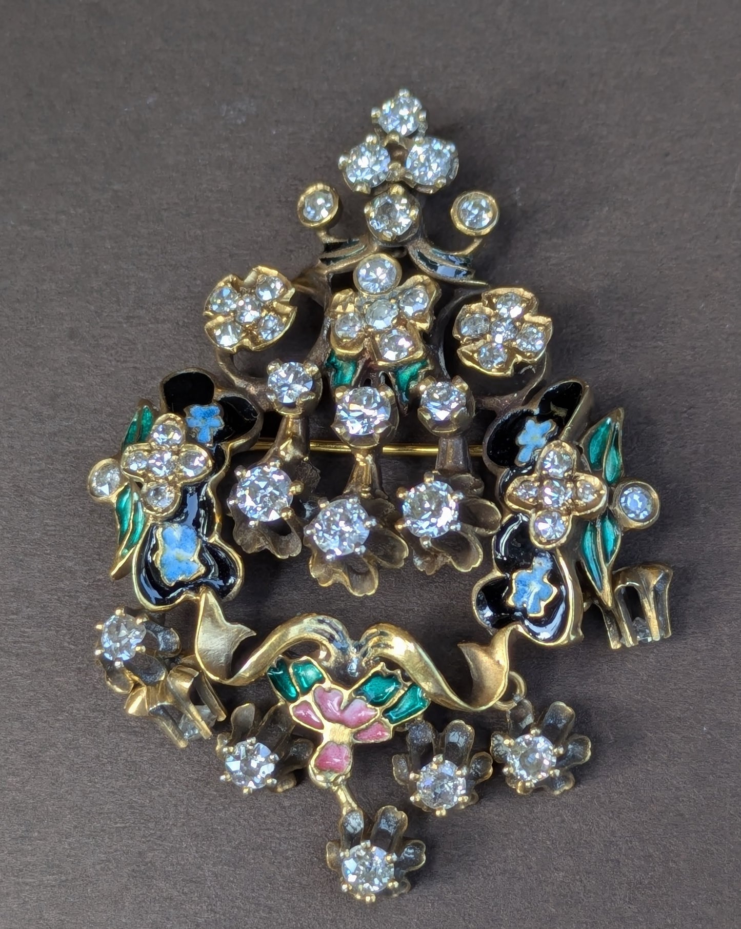 Large 14kt Brooch/Pendant with Mine Cut Diamonds & Pastel Enamel