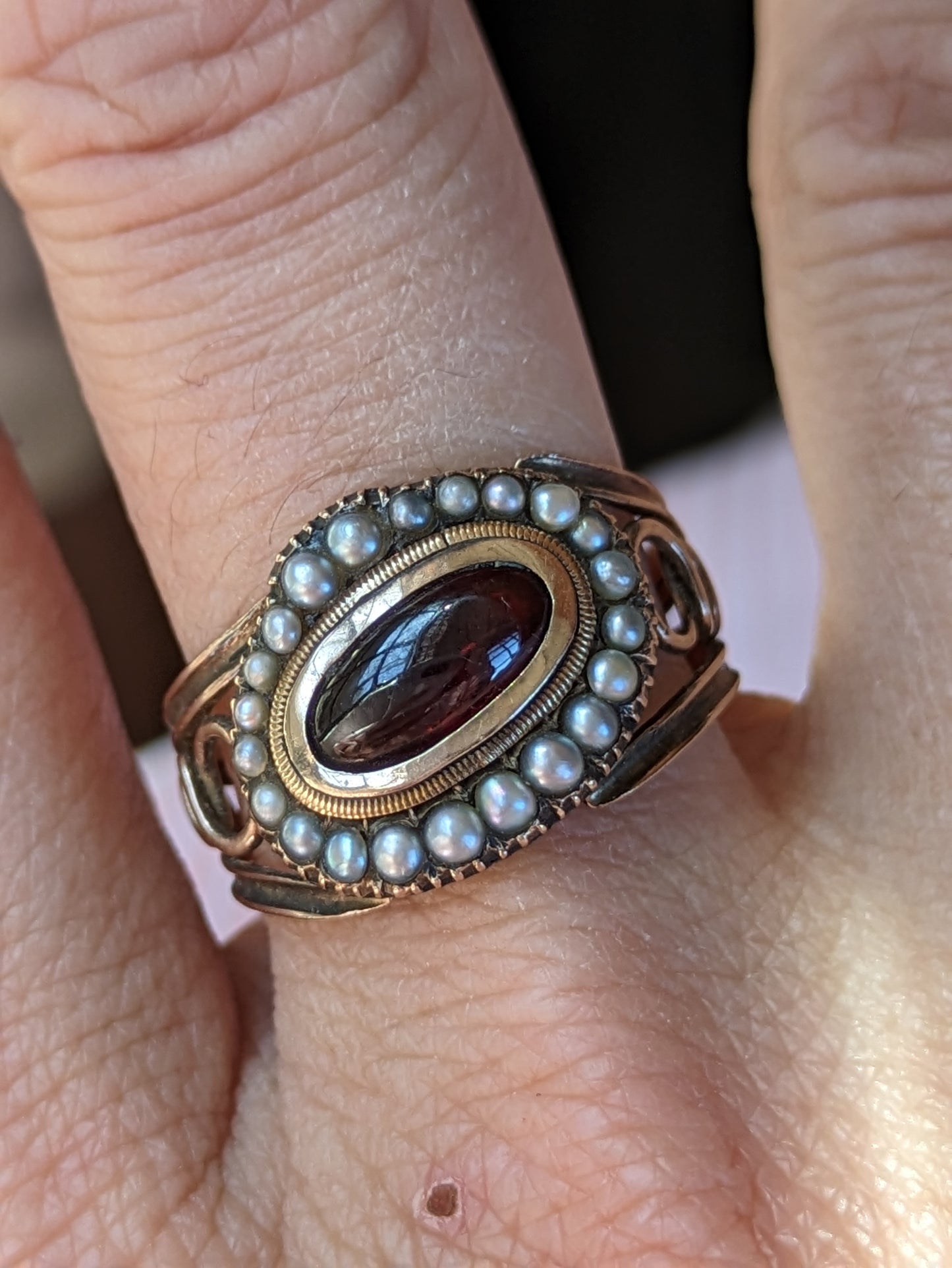 American Garnet and Pearl mourning ring