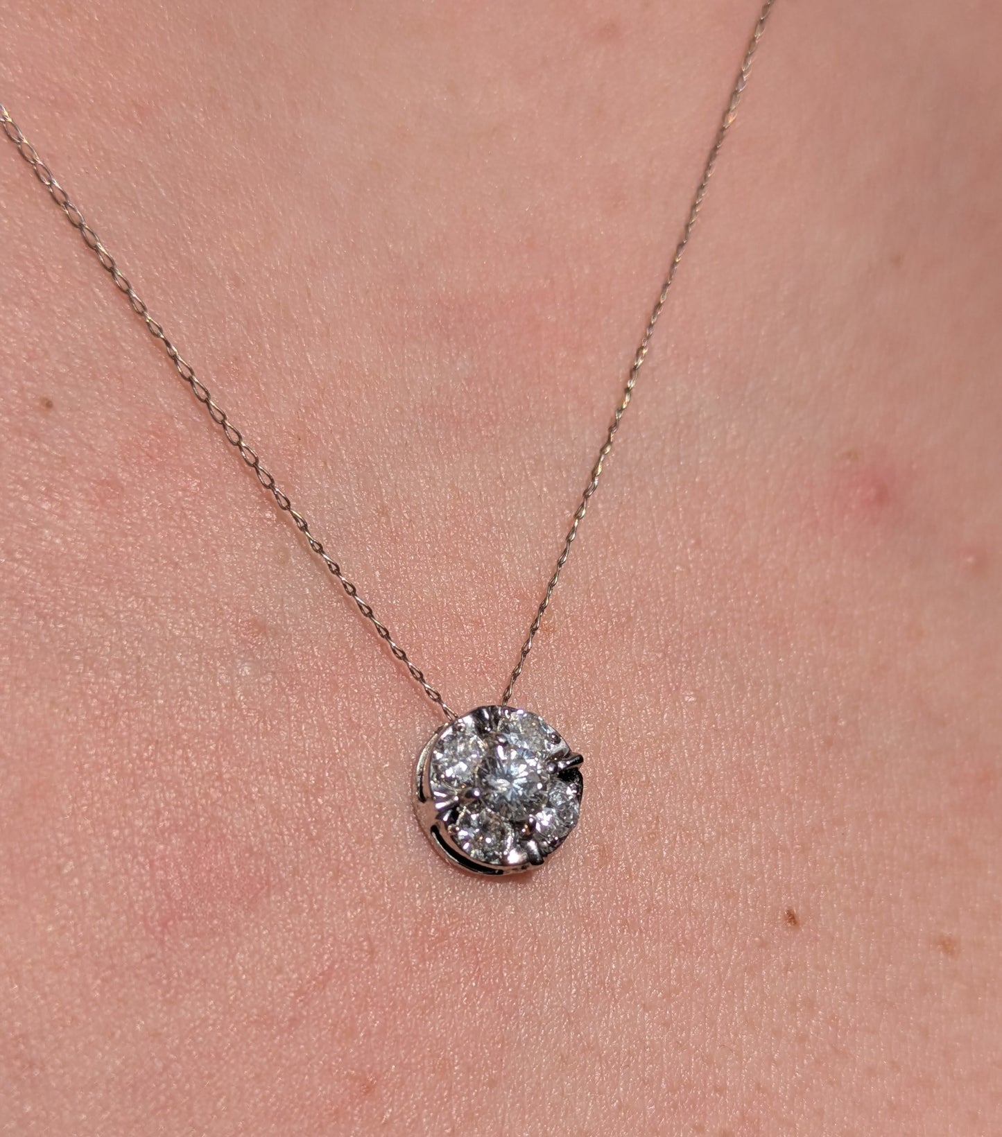 14k White Gold Diamond Cluster Pendant and Chain