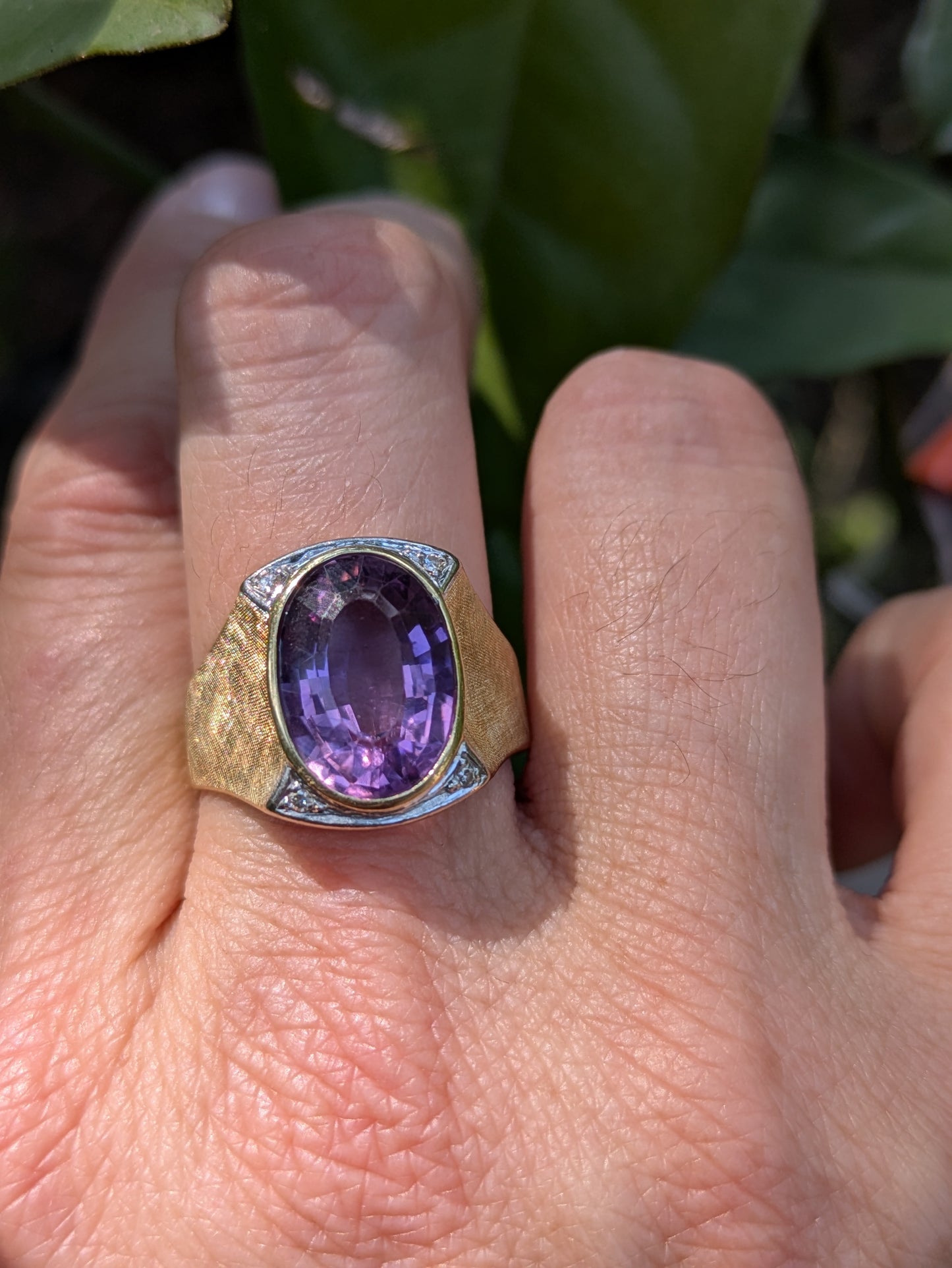 14k Oval Amethyst and Diamond Ring with Florentine Details