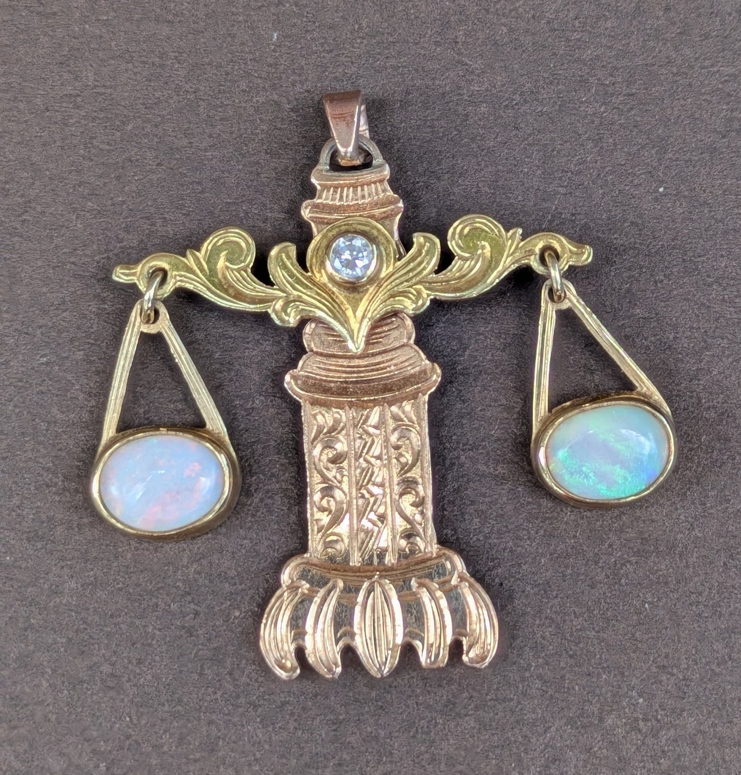 14k Rose and Yellow Gold Scale Pendant with Opal and Diamond