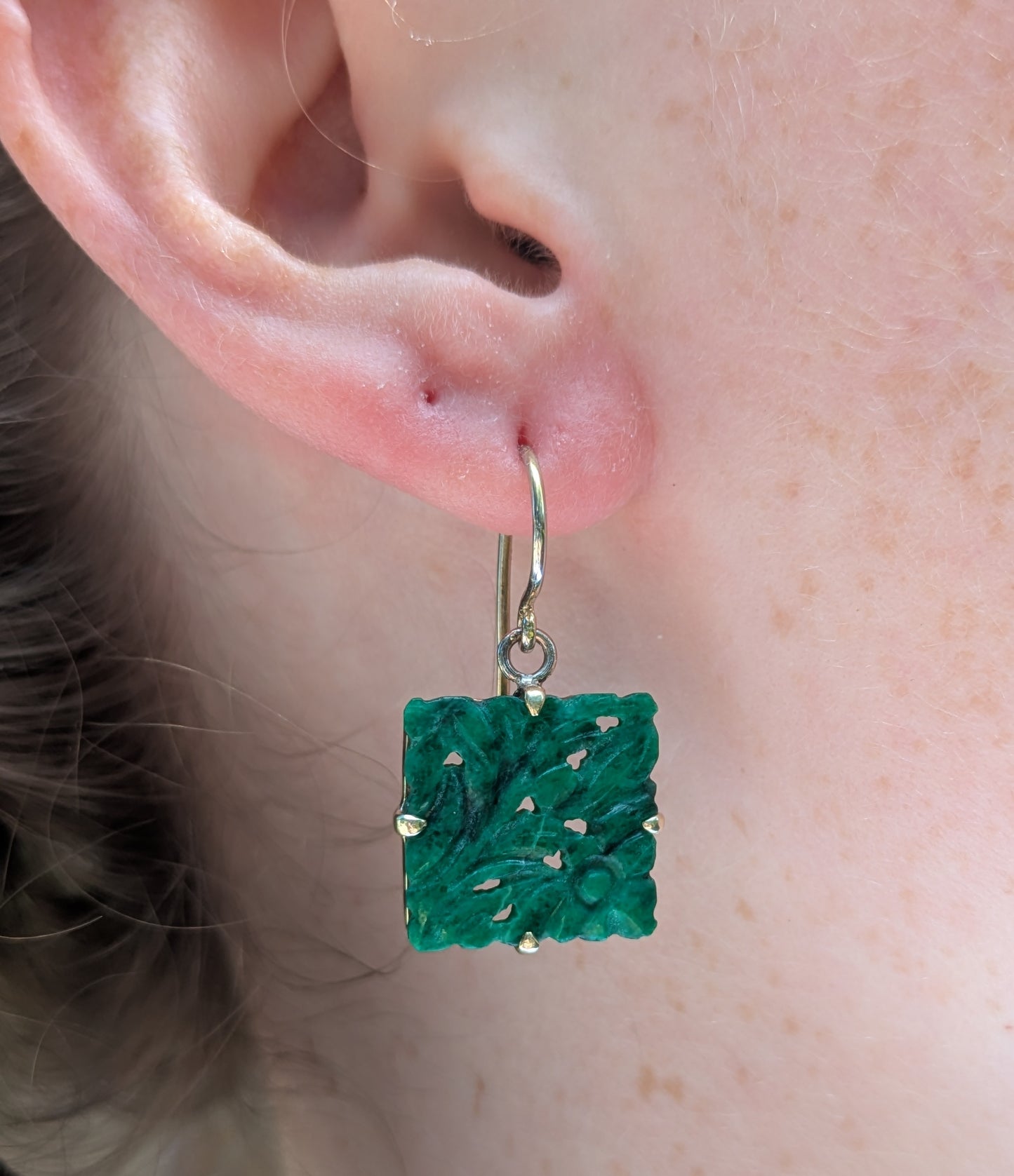 Carved Green Jade Set in 14kt as Earings