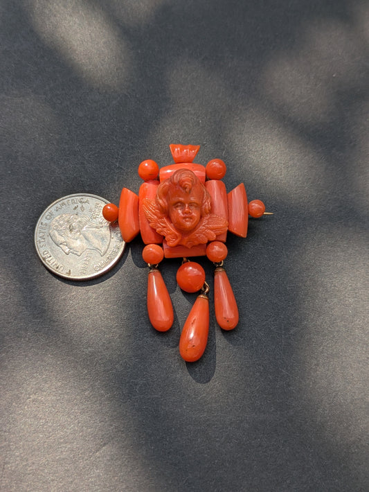 18k Carved Coral Cherub Brooch with Drops Late 1800's