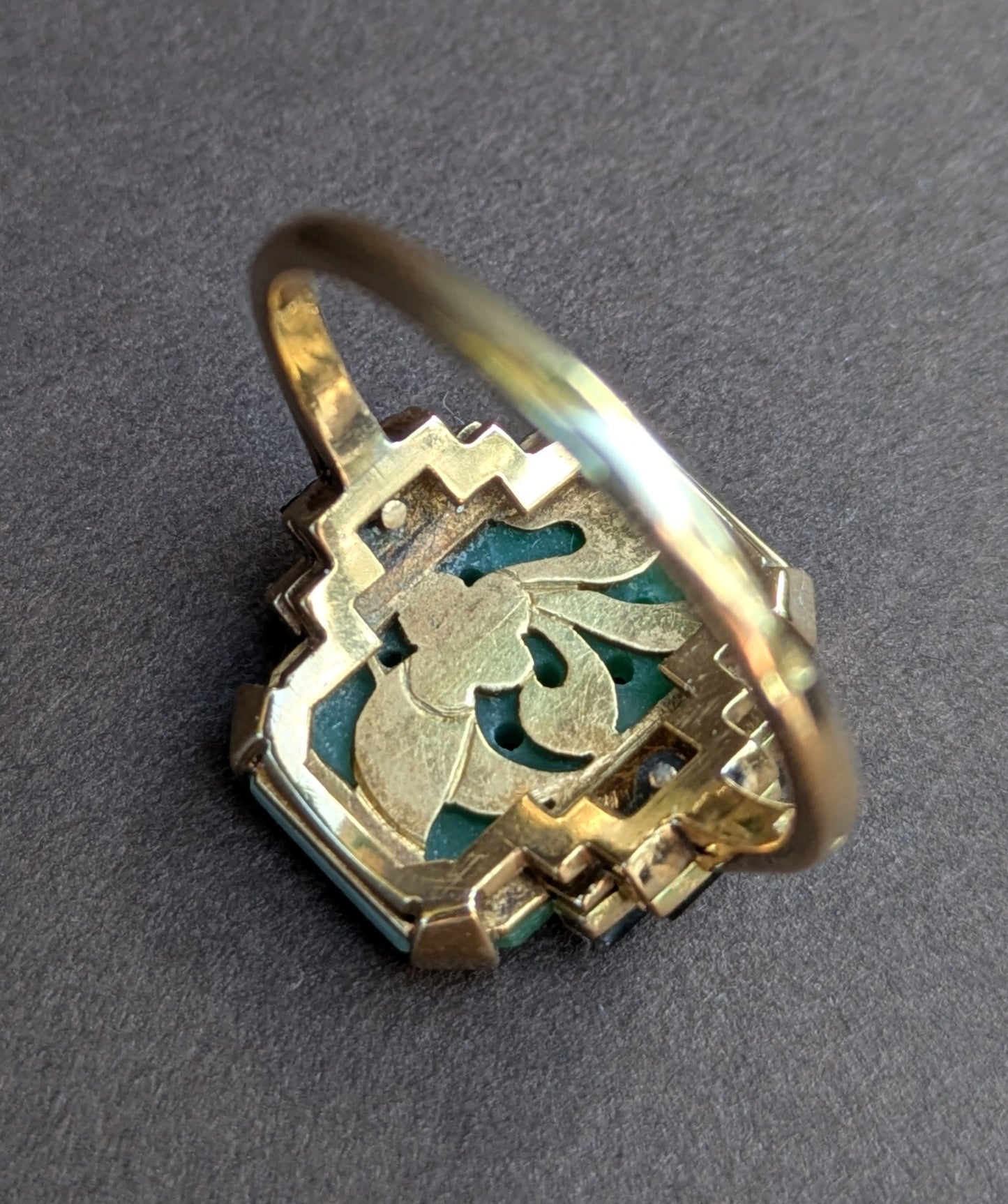 Carved Jade and Onyx Ring- Yellow Gold, External Hallmark 18kt