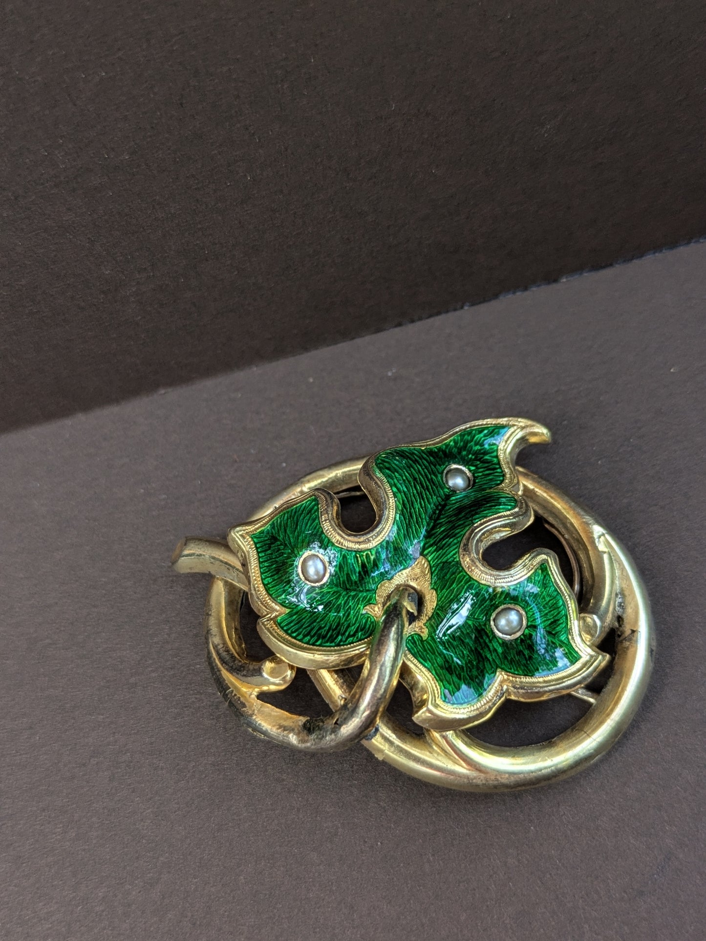 Early 1900's 14kt Green Enamel Love Knot with Leaf Motif - Seed Pearl Set