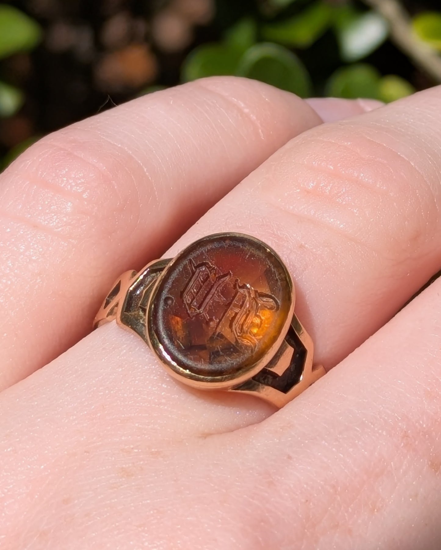 Arts & Crafts 12kt Signet Ring Set with Worn Engraved Citrine "H" "D"