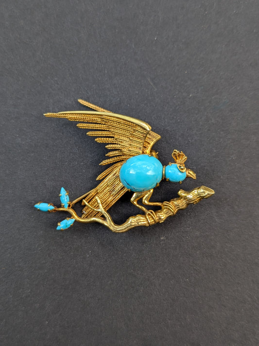 14k Turquoise Bird on a Branch Brooch