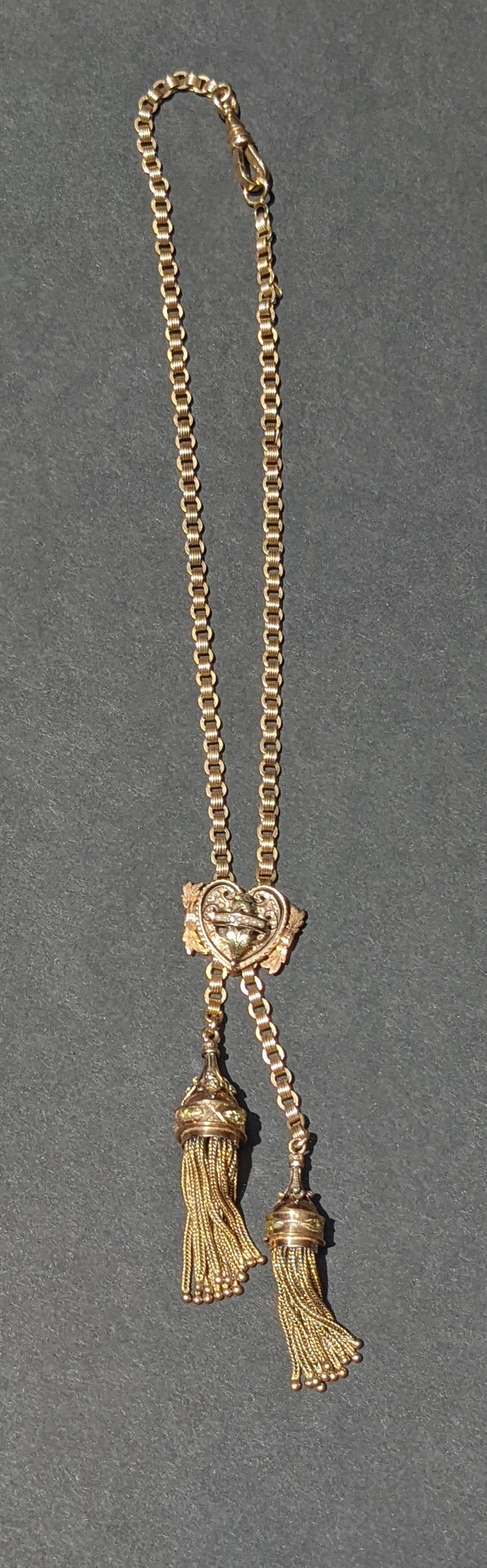 Elaborate 14kt chain necklace with pearl and enamel slide and tassels