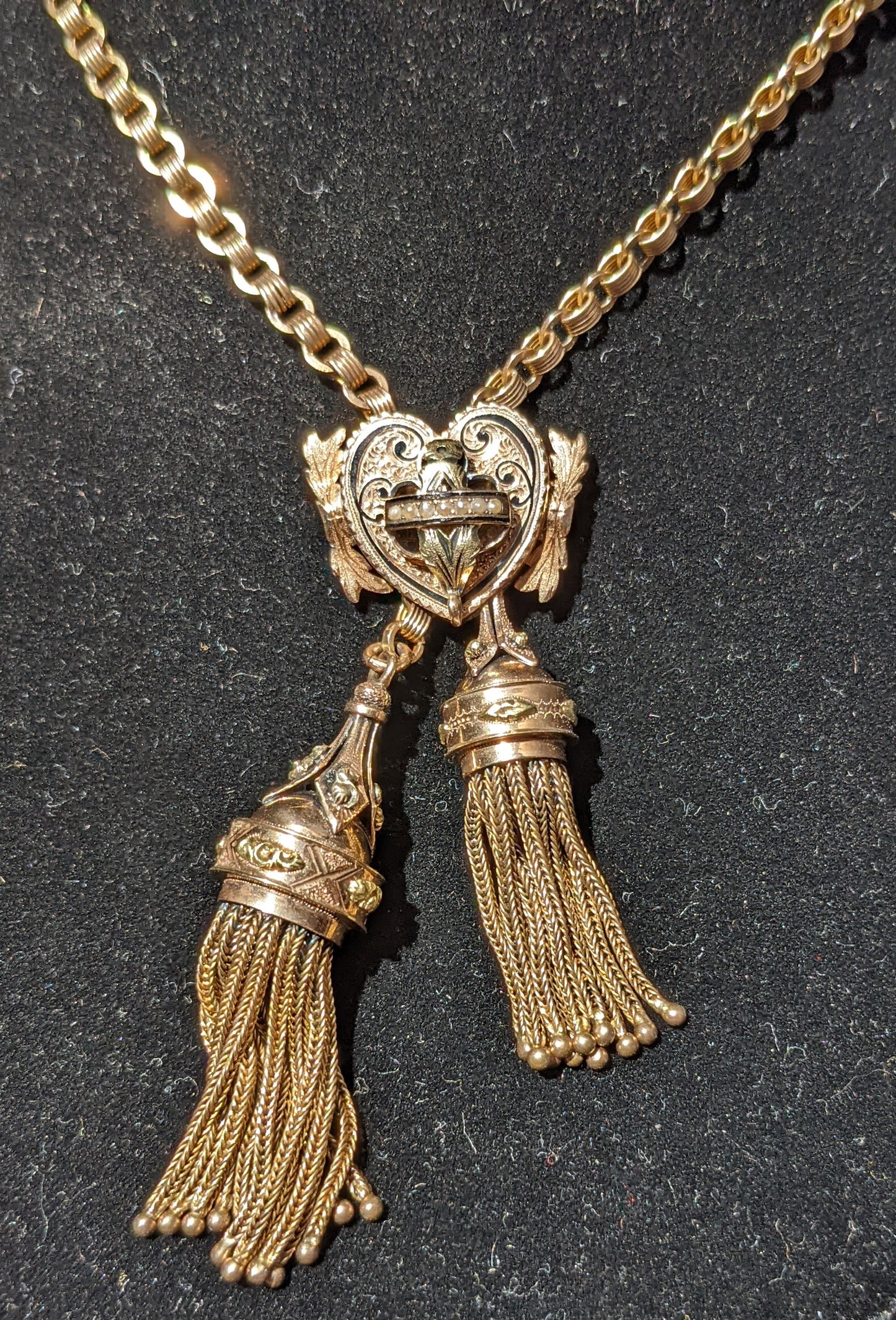Elaborate 14kt chain necklace with pearl and enamel slide and tassels