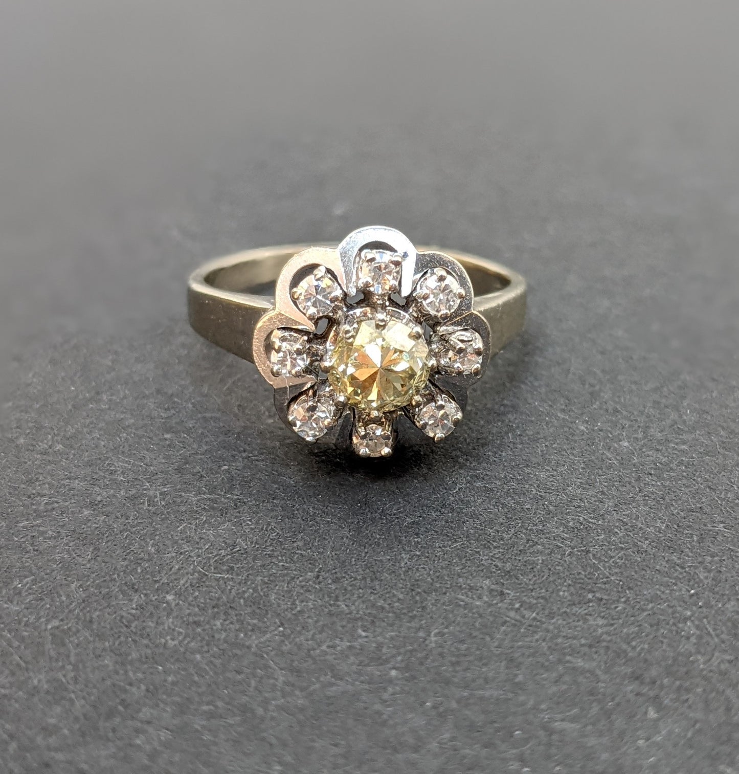 14kt white gold Old European Cut Canary diamond ring with halo