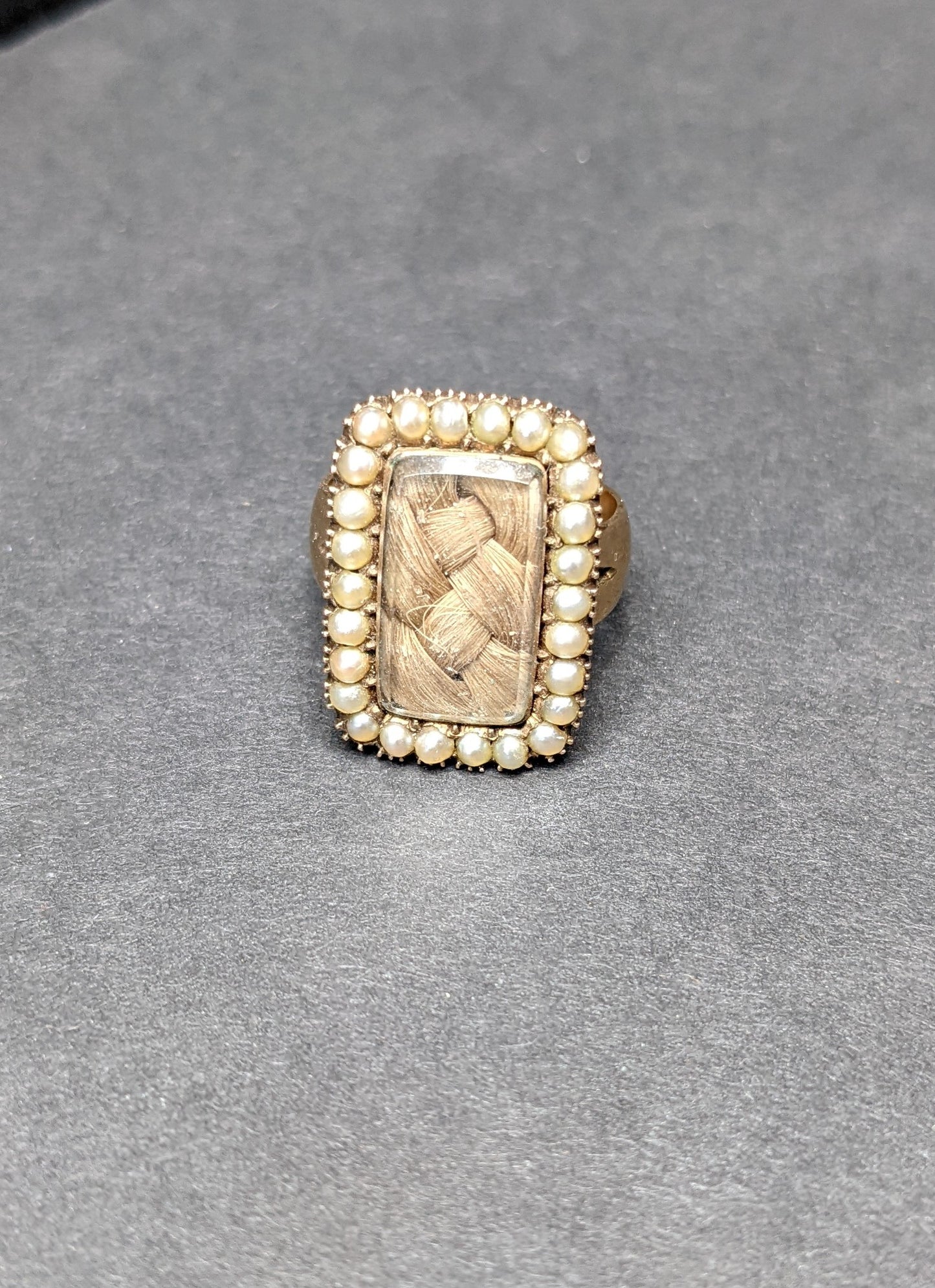 9k English Sentimental ring with woven hair and half pearls 1866