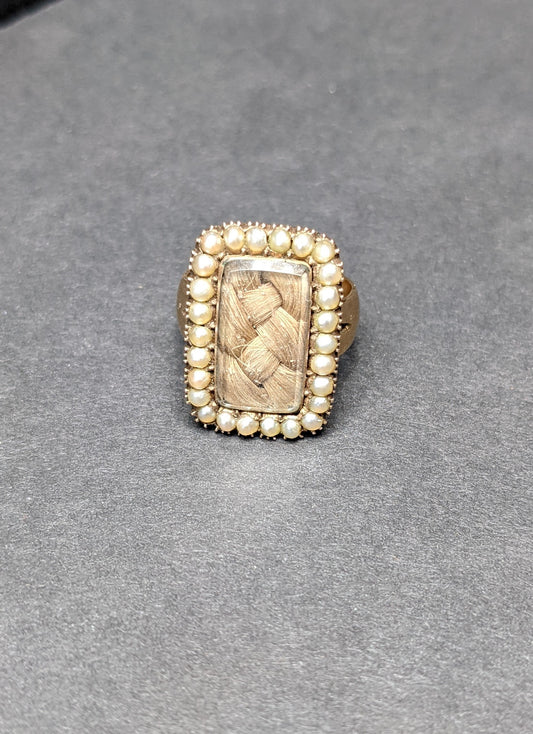 9k English Sentimental ring with woven hair and half pearls 1866