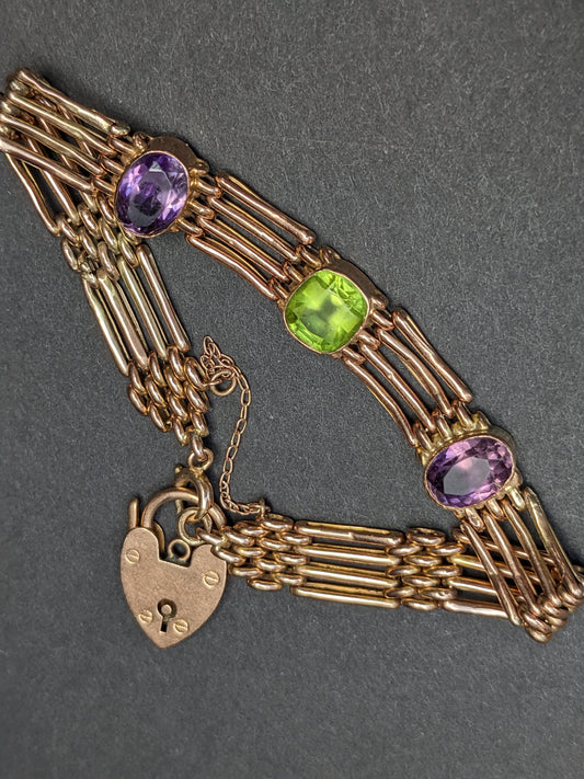 Suffragette heart padlock gate bracelet with gemstones