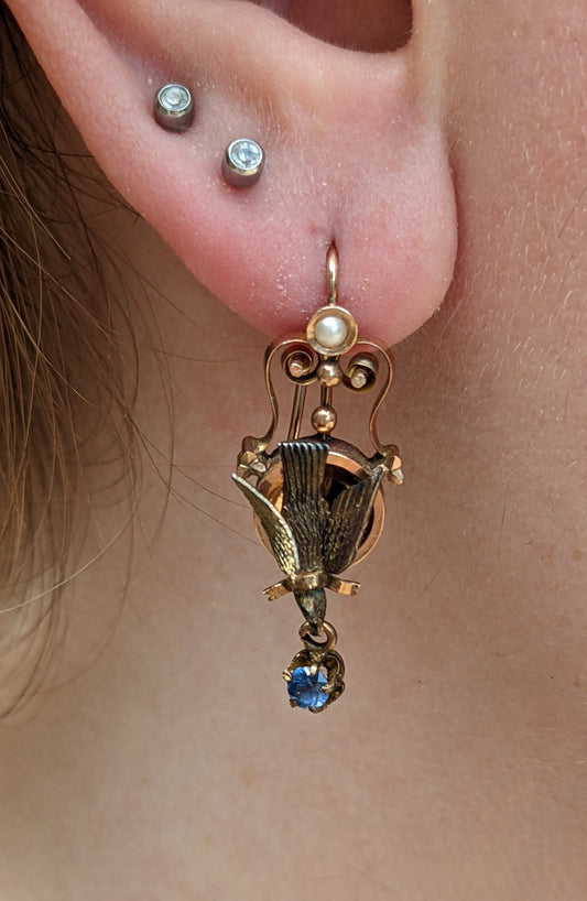 9ct Victorian Dove earrings with sapphire and pearl