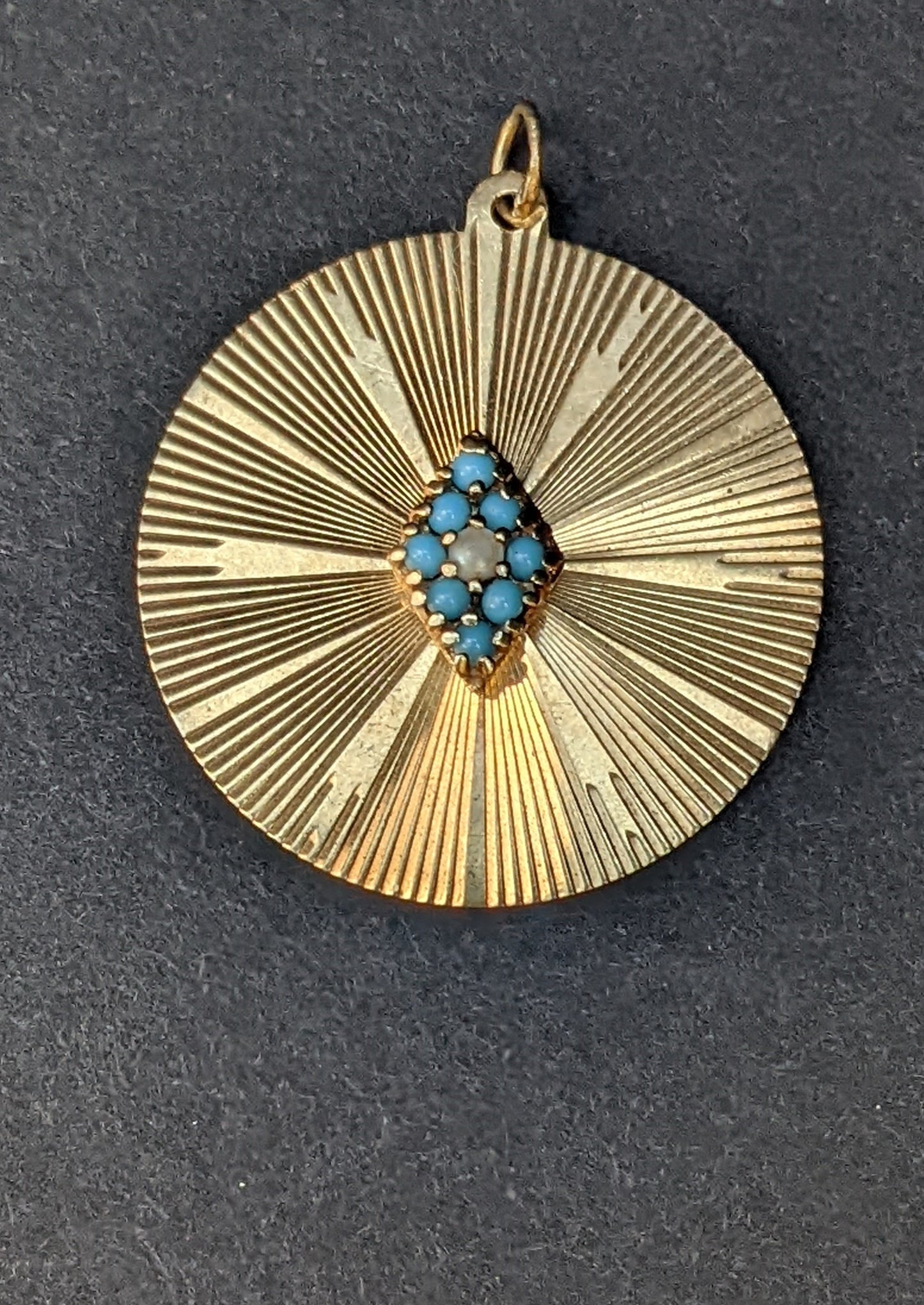 Large 1950's 14k gold disk with turquoise and pearl