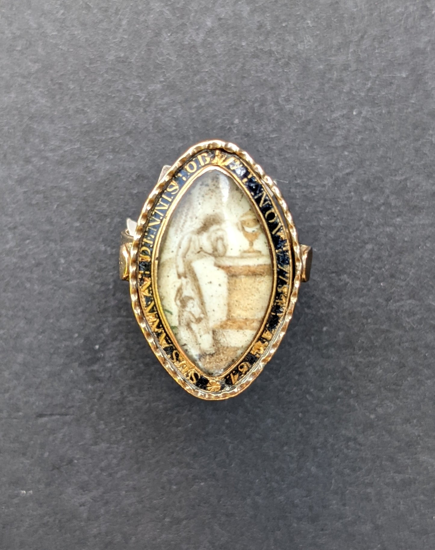 Sepia painted weeping lady mourning ring