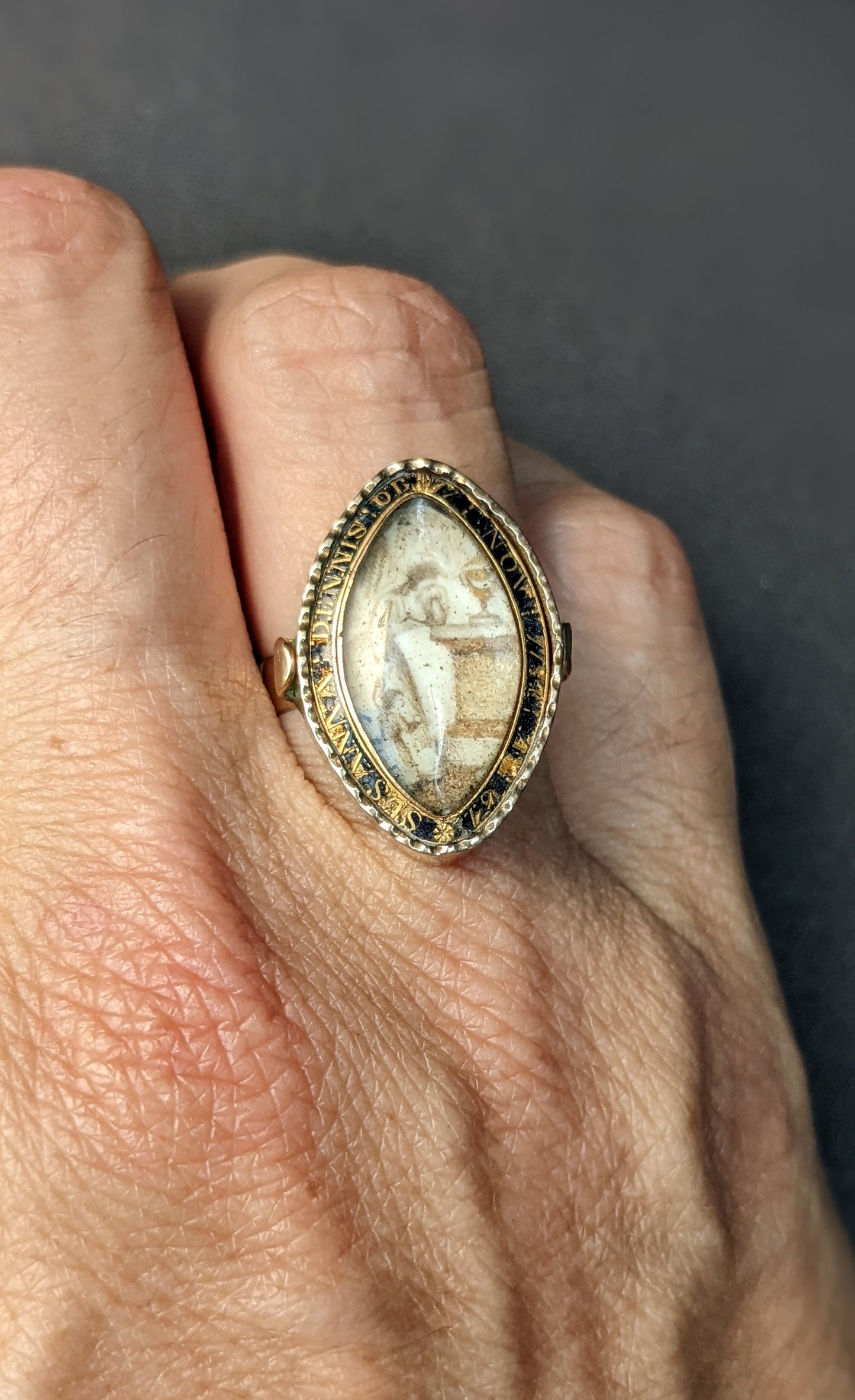 Sepia painted weeping lady mourning ring