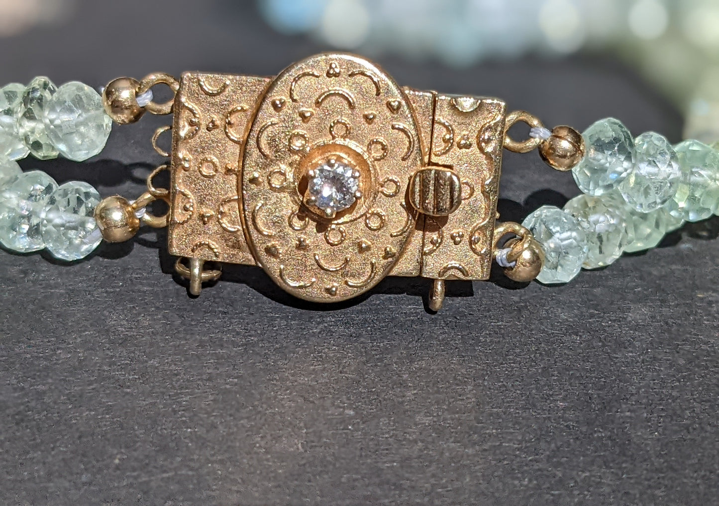 Two row aquamarine bracelet with antique 14kt clasp