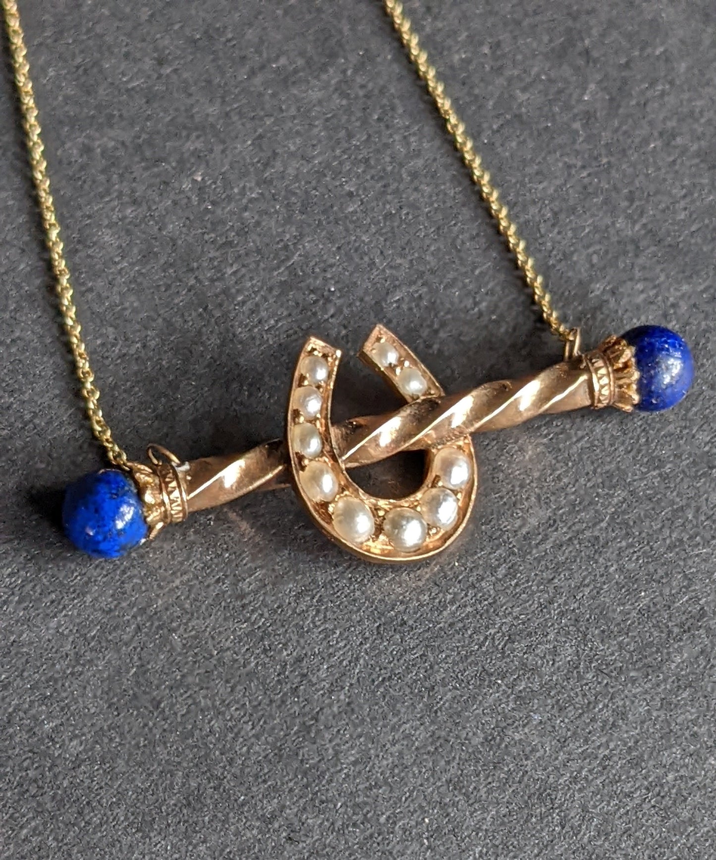 14k lapis and seed pearl horseshoe necklace