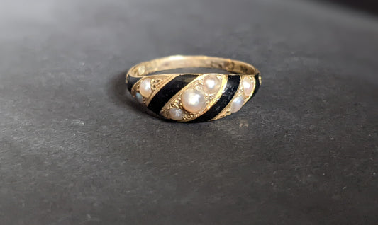 English mourning ring, with black enamel and seed pearl