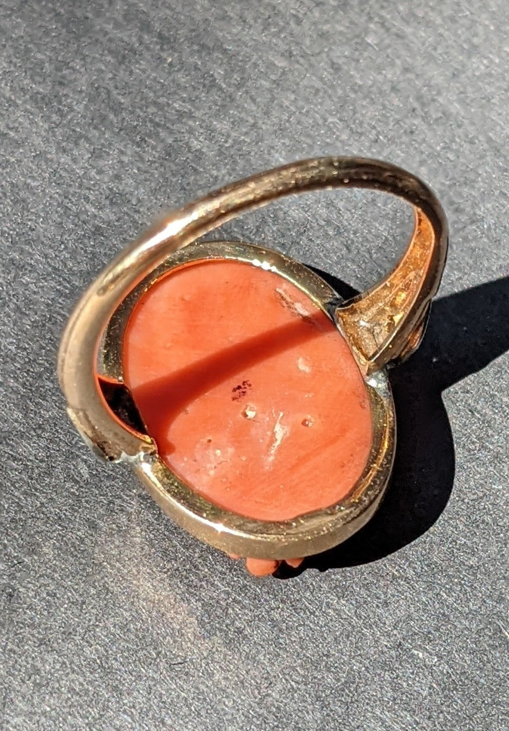 Coral cameo ring with diamond sides