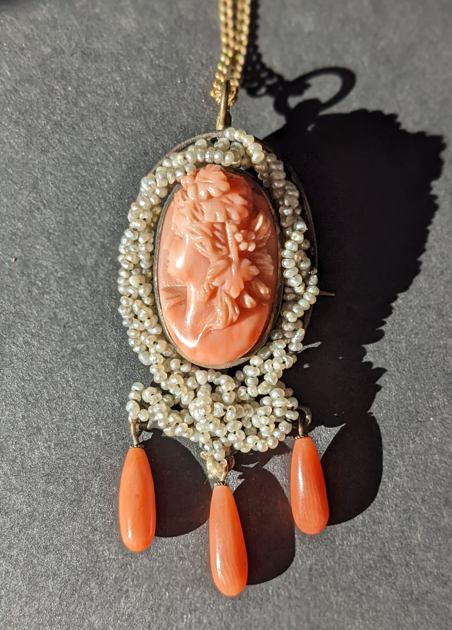 14k high relief coral cameo necklace