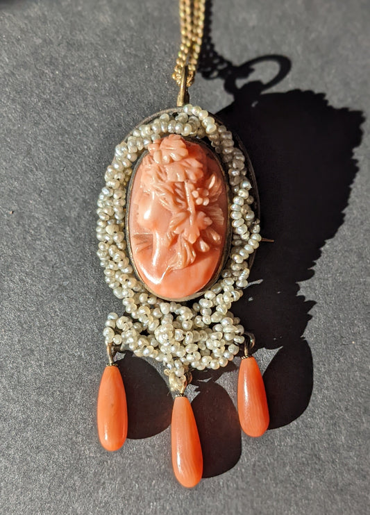 14k high relief coral cameo necklace