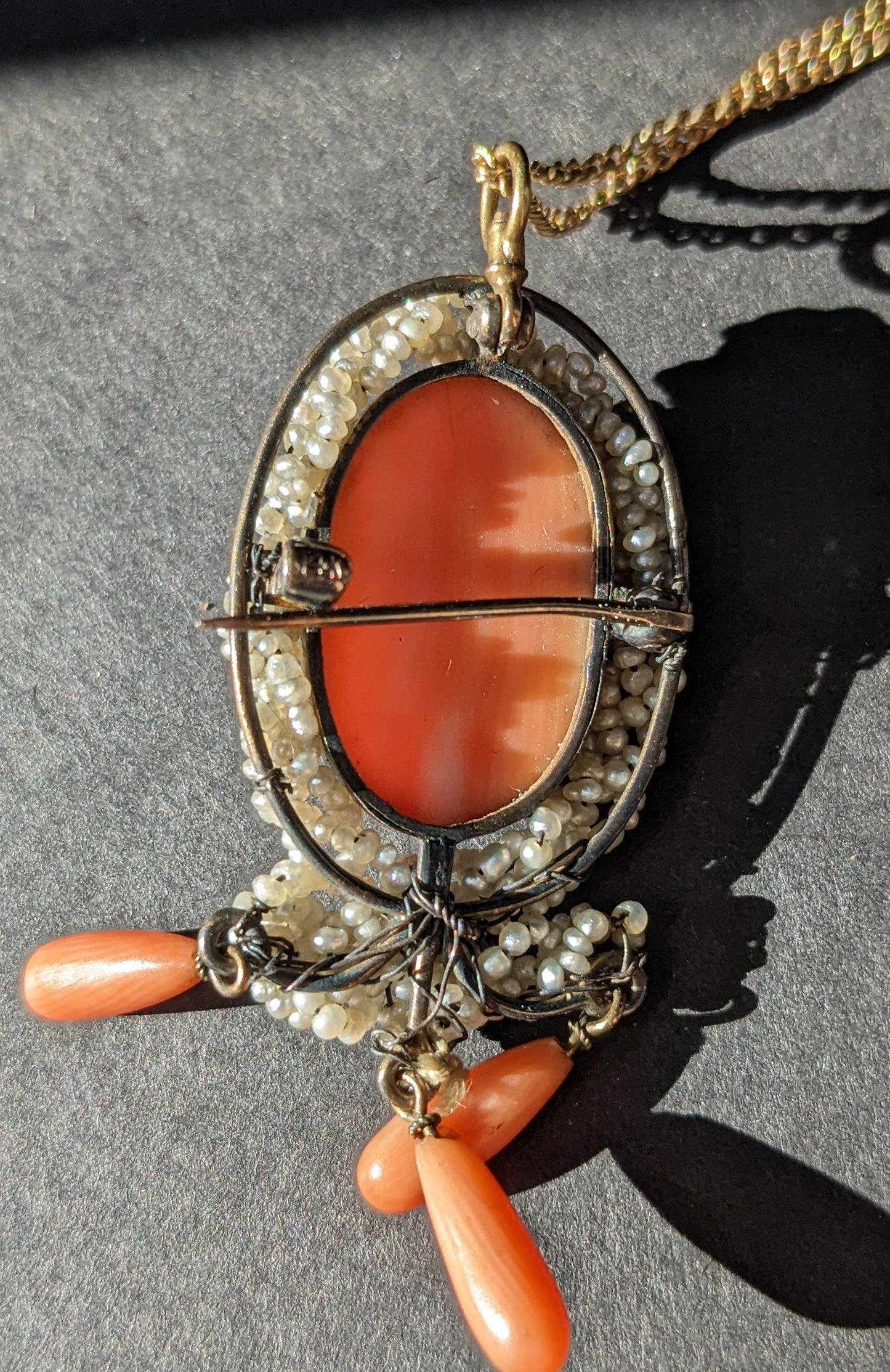 14k high relief coral cameo necklace