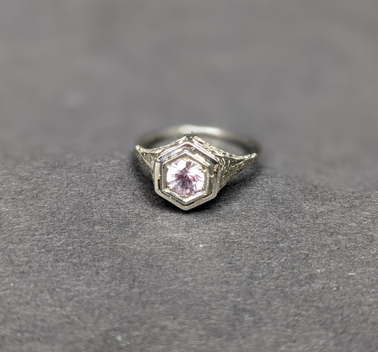 Art Deco engraved Padparadscha sapphire ring