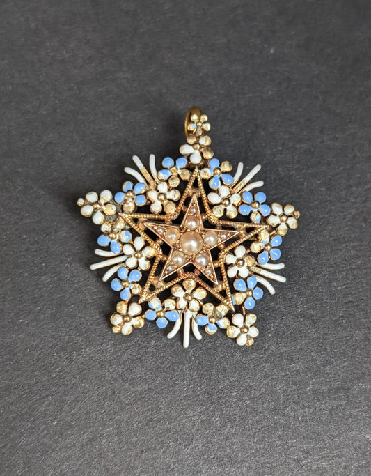 Periwinkle and white enamel and seed pearl pin/pendant