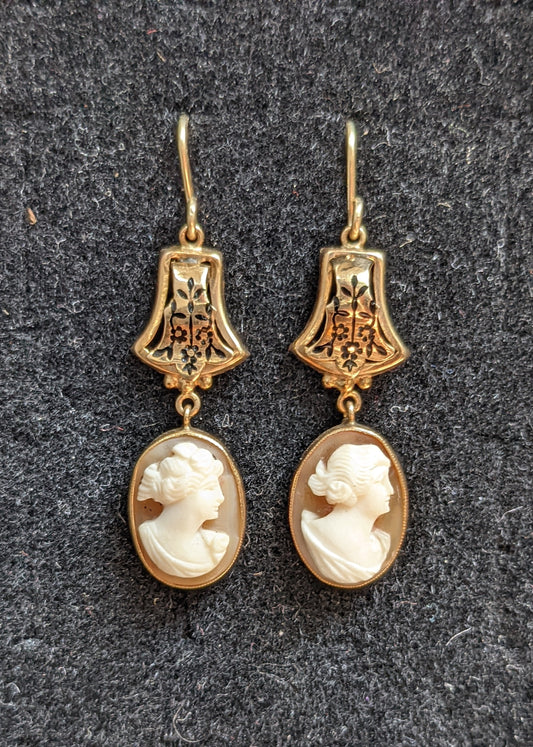 Cameo enamel shepherd hook earrings 14kt