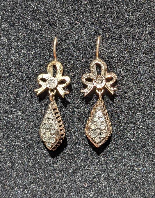 German 14kt  and silver drop earrings with mine cut diamonds and bow
