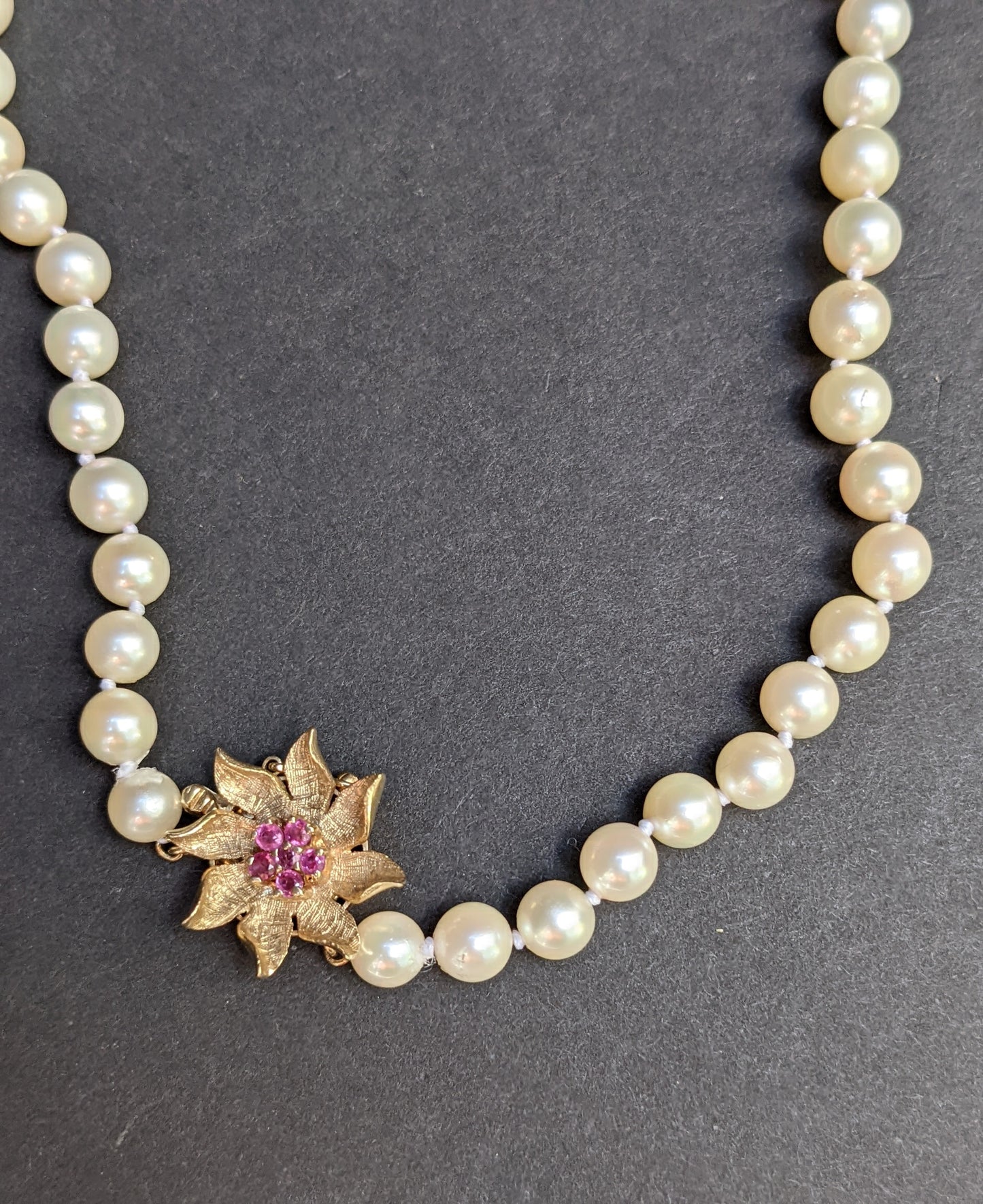 14k ruby flower clasped pearl necklace