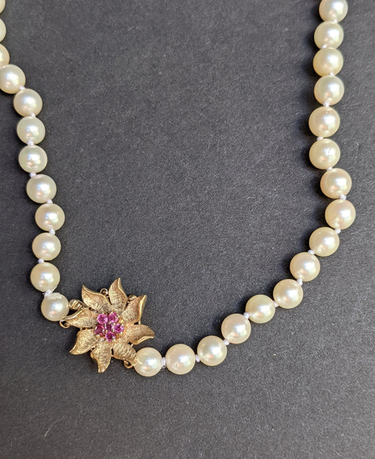 14k ruby flower clasped pearl necklace