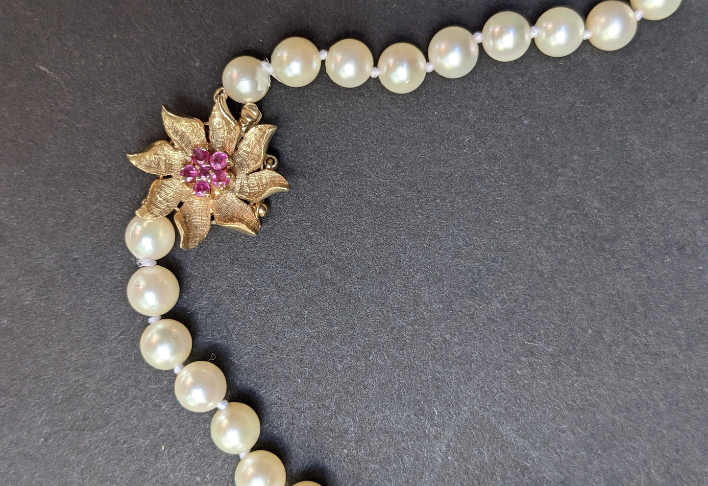 14k ruby flower clasped pearl necklace