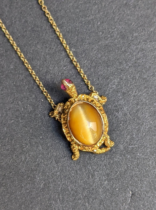 14kt tiger eye and ruby turtle necklace